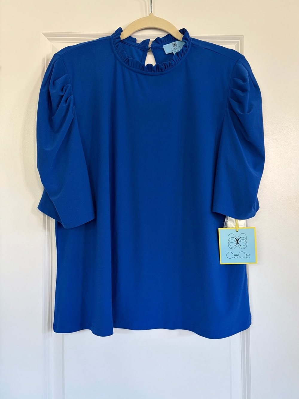 CeCe Cobalt Ruffled Neck Puff Sleeve Blouse